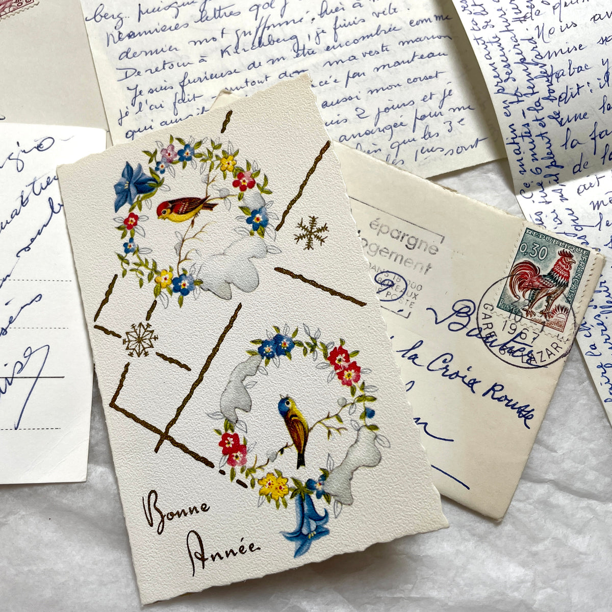 Set of 5 1960s French letters with envelopes, showcasing handwritten script and vintage European postage stamps.