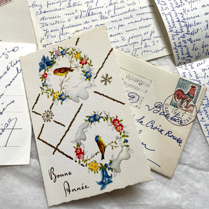 Set of 5 1960s French letters with envelopes, showcasing handwritten script and vintage European postage stamps.