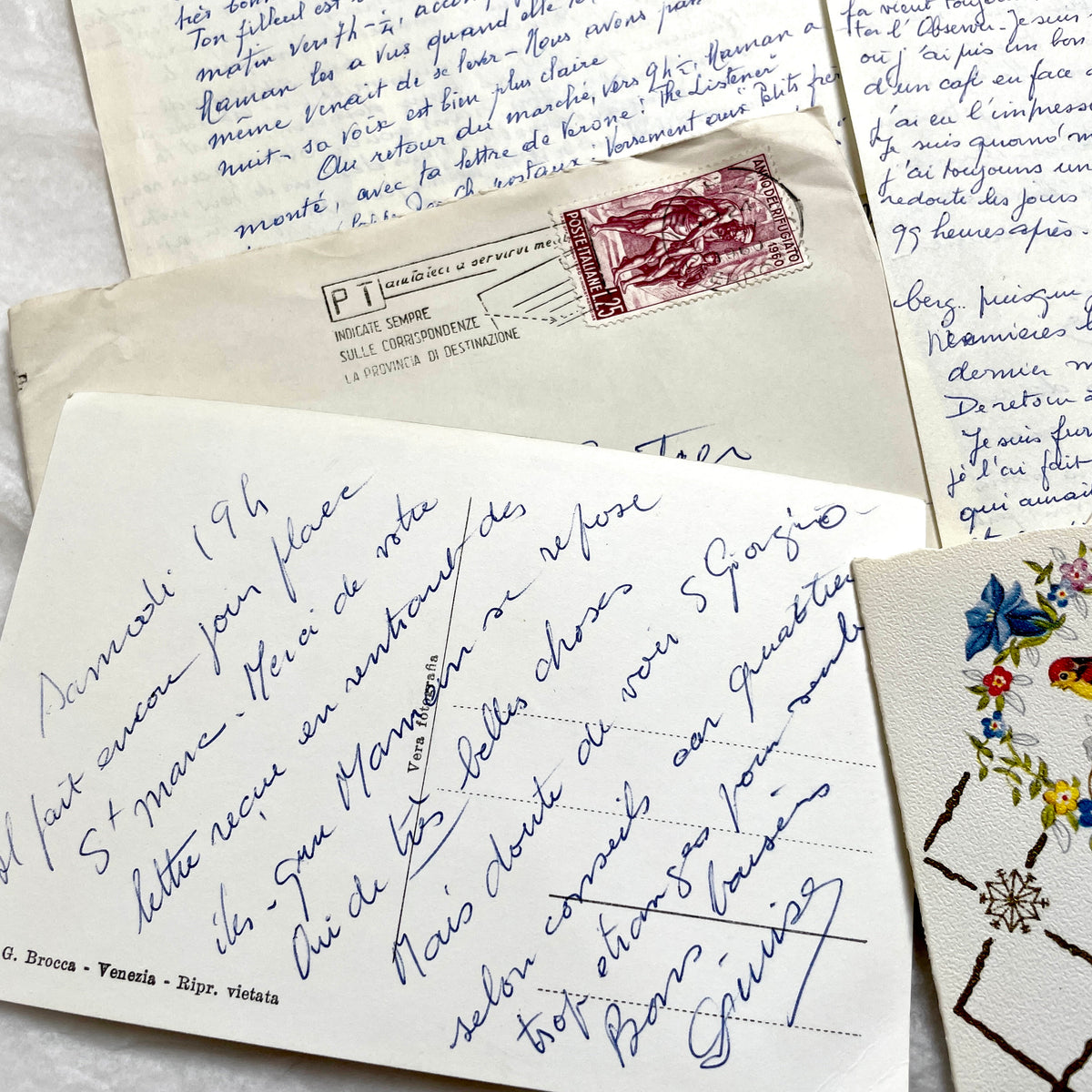 Set of 5 1960s French letters with envelopes, showcasing handwritten script and vintage European postage stamps.
