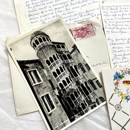 Set of 5 1960s French letters with envelopes, showcasing handwritten script and vintage European postage stamps.