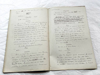 Late 19th - 24-Page French handwritten theater manuscript – Original play with dialogues and author revisionst - Vintage Handwritten Theatre