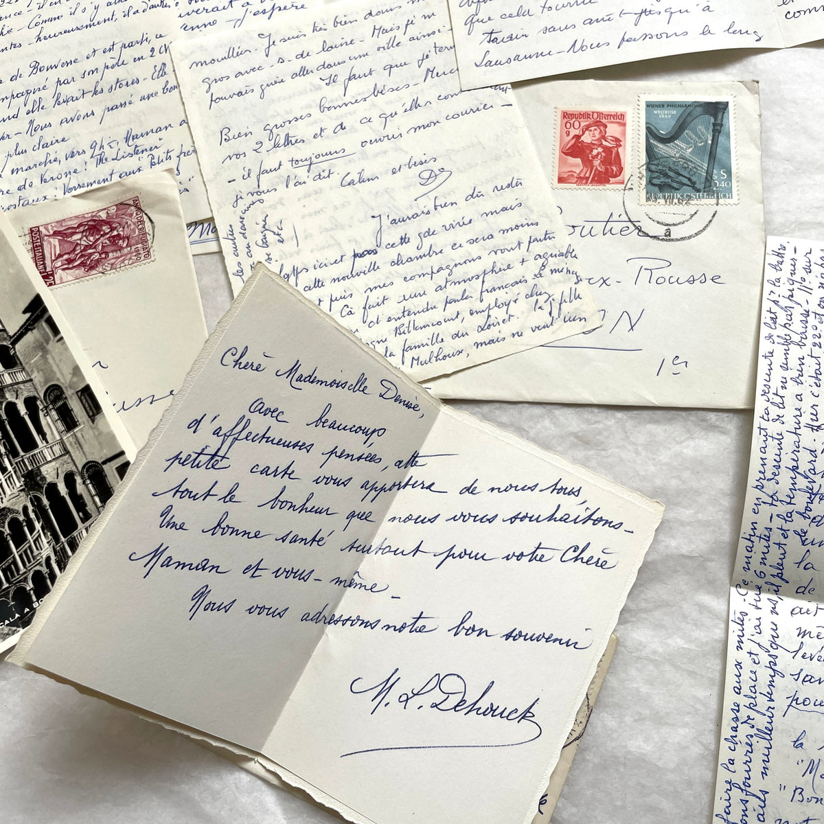 Set of 5 1960s French letters with envelopes, showcasing handwritten script and vintage European postage stamps.