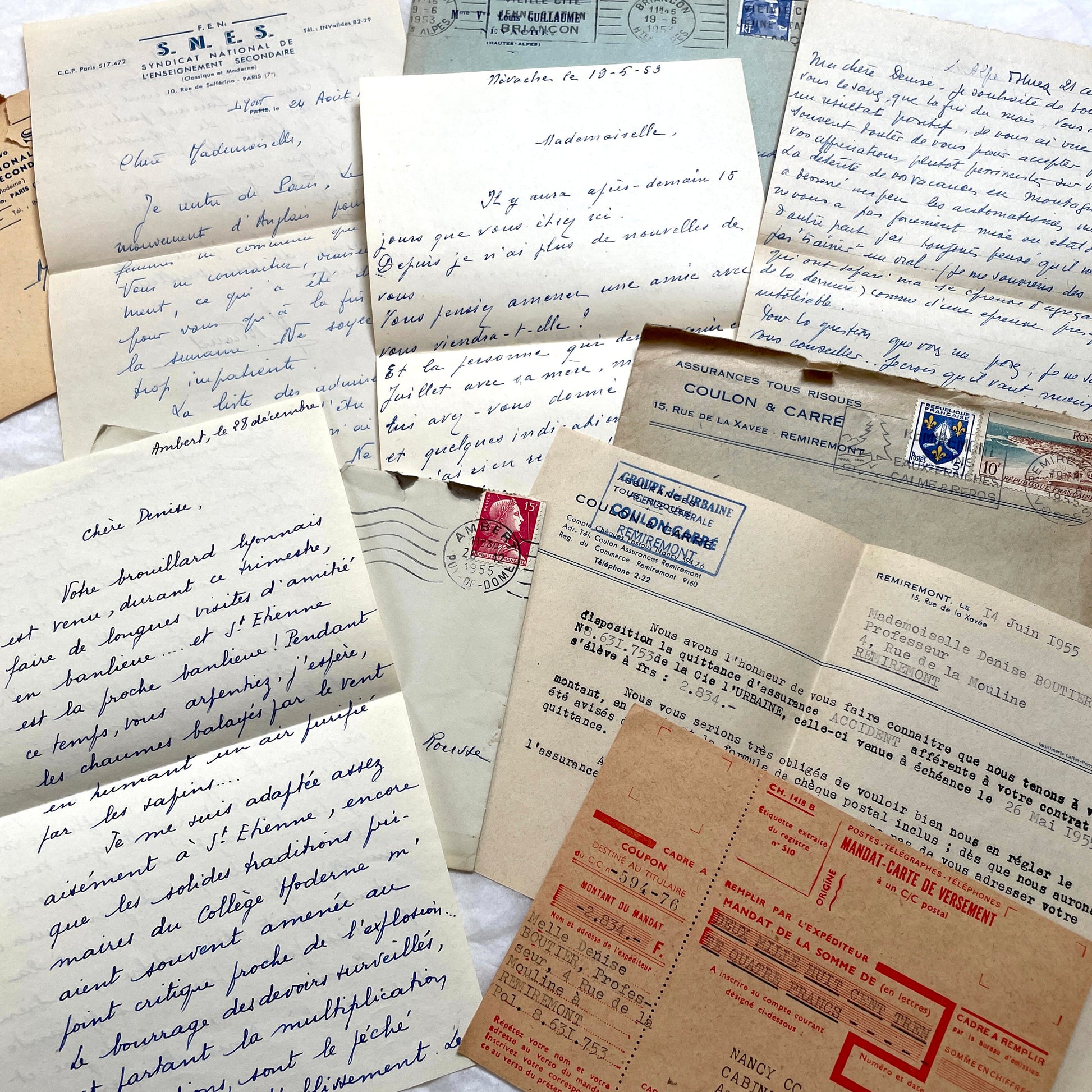 1950s French handwritten letters set with envelopes. Vintage European ephemera showing postmarks and handwriting.