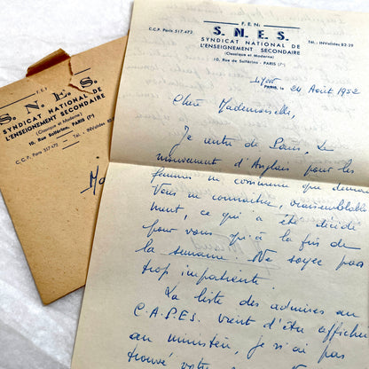 1950s French handwritten letters set with envelopes. Vintage European ephemera showing postmarks and handwriting.