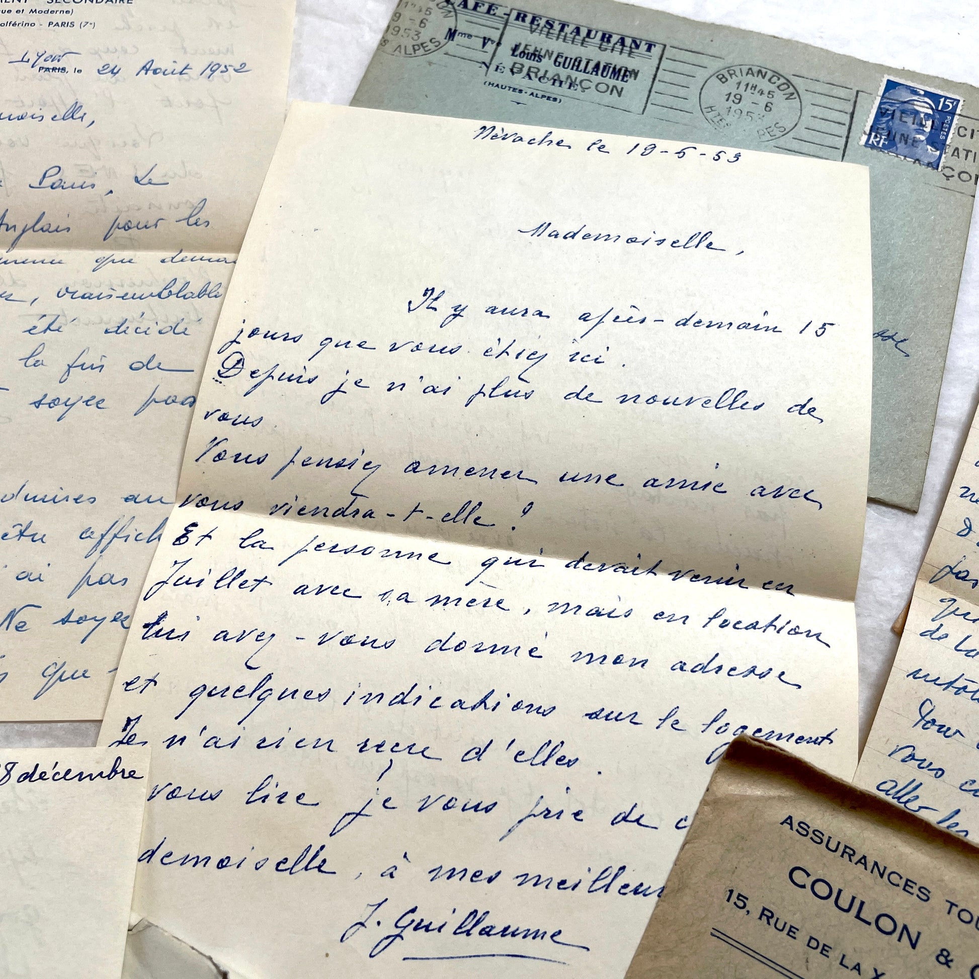 1950s French handwritten letters set with envelopes. Vintage European ephemera showing postmarks and handwriting.