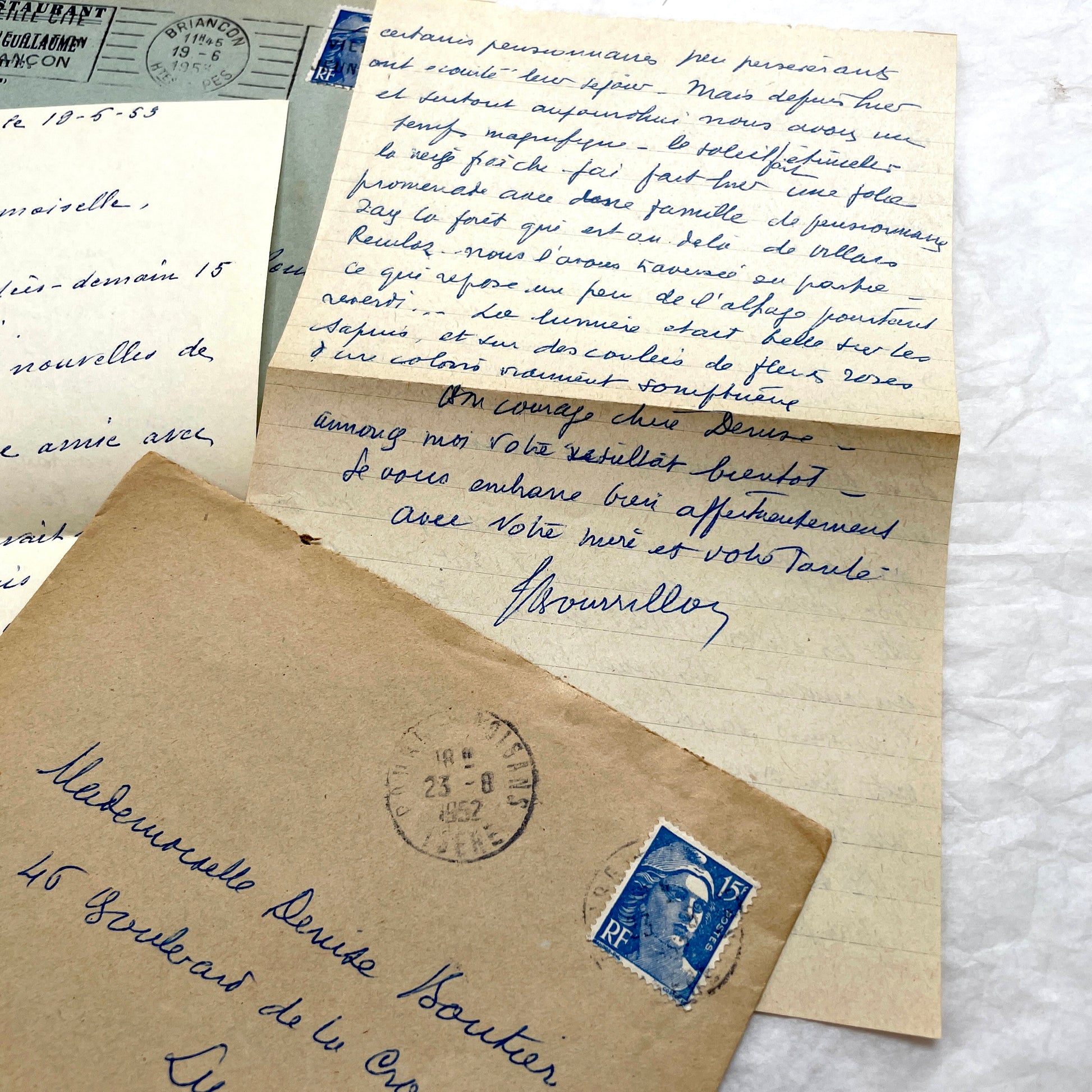 1950s French handwritten letters set with envelopes. Vintage European ephemera showing postmarks and handwriting.