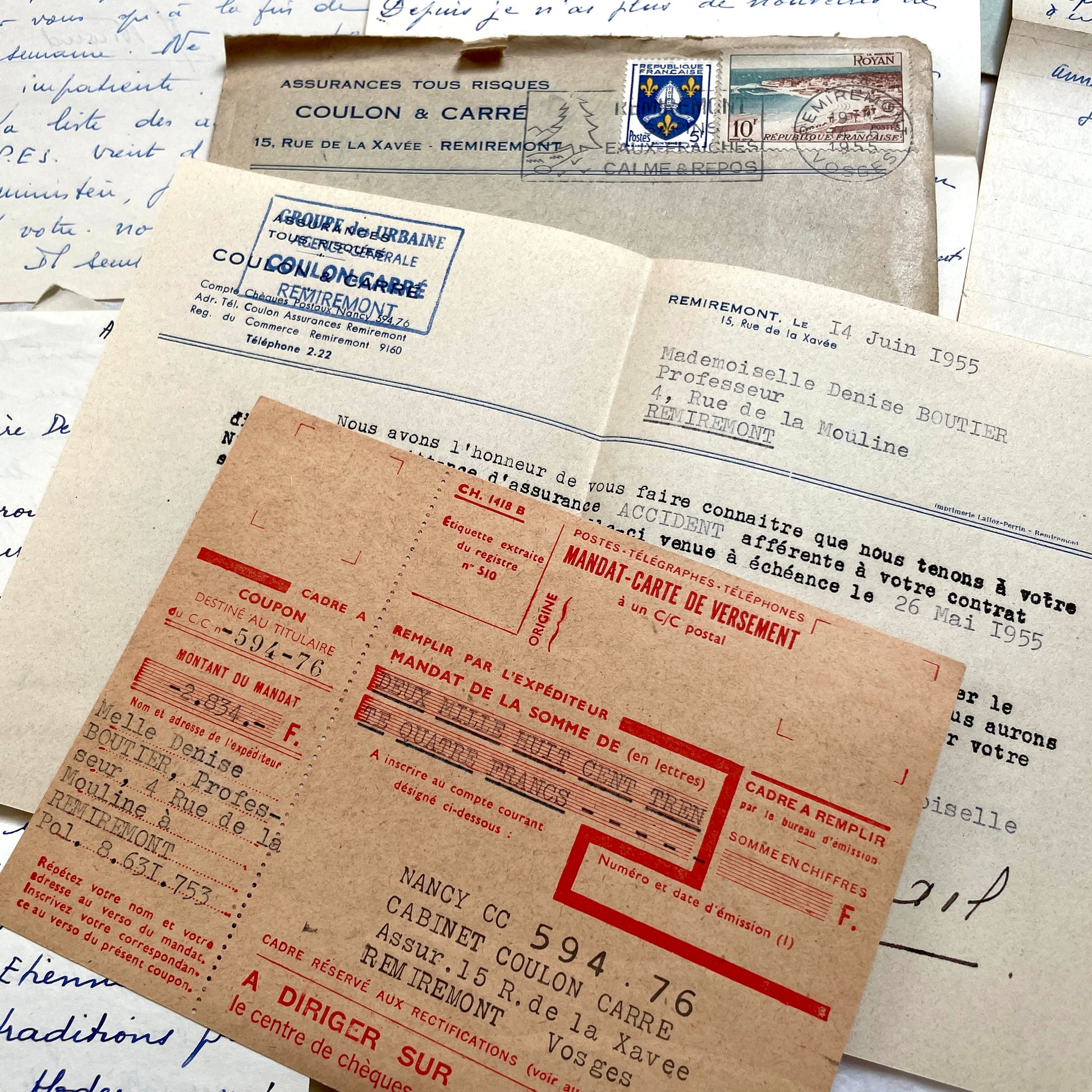 1950s French handwritten letters set with envelopes. Vintage European ephemera showing postmarks and handwriting.