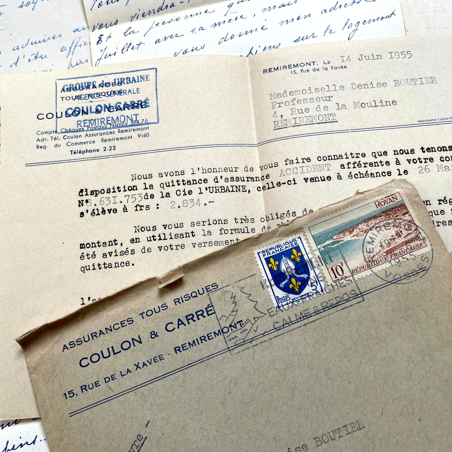 1950s French handwritten letters set with envelopes. Vintage European ephemera showing postmarks and handwriting.