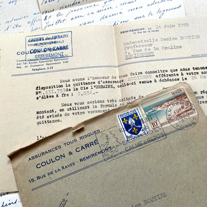 1950s French handwritten letters set with envelopes. Vintage European ephemera showing postmarks and handwriting.