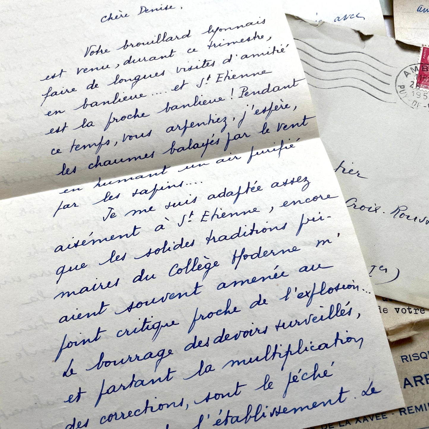 1950s French handwritten letters set with envelopes. Vintage European ephemera showing postmarks and handwriting.