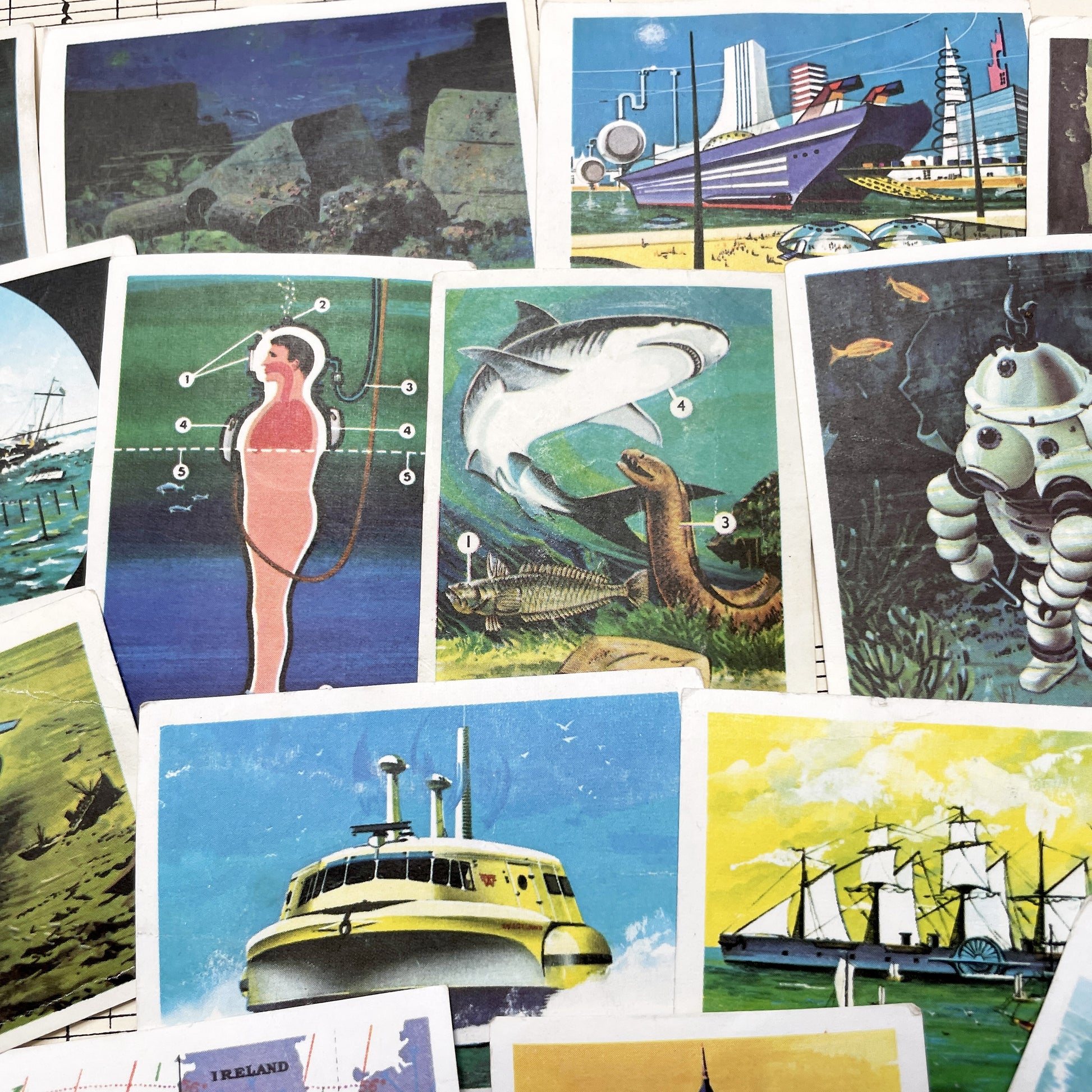 1950s - 23 Vintage Collector Cards - JOcean Exploration - Marine Life - Submarines - Future Technology - Educational Set from Belgium France