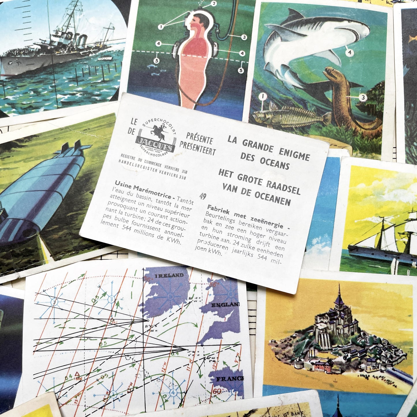 1950s - 23 Vintage Collector Cards - JOcean Exploration - Marine Life - Submarines - Future Technology - Educational Set from Belgium France