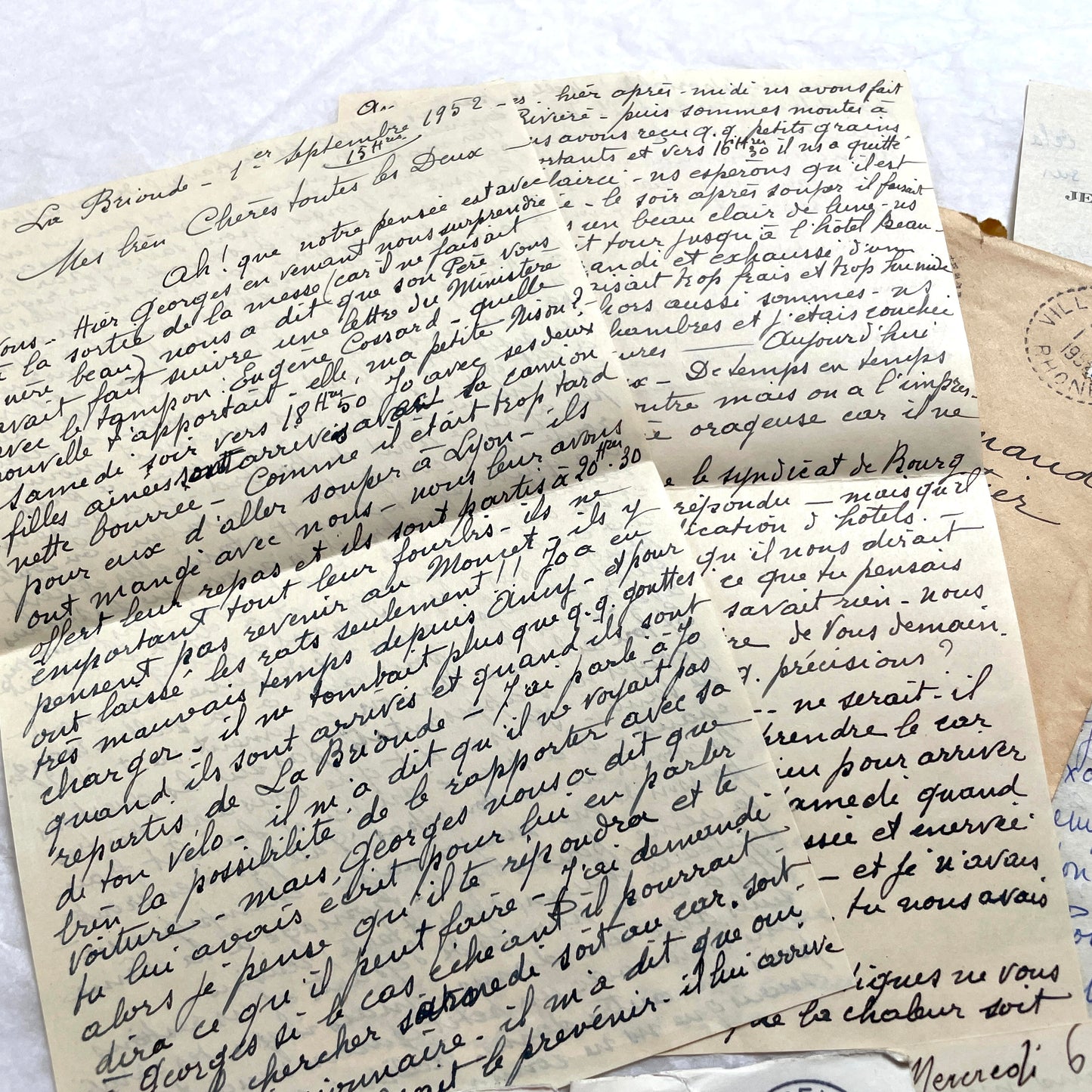1950s vintage French letters and envelopes set, featuring beautiful handwritten script, postage stamps, and postmarks.