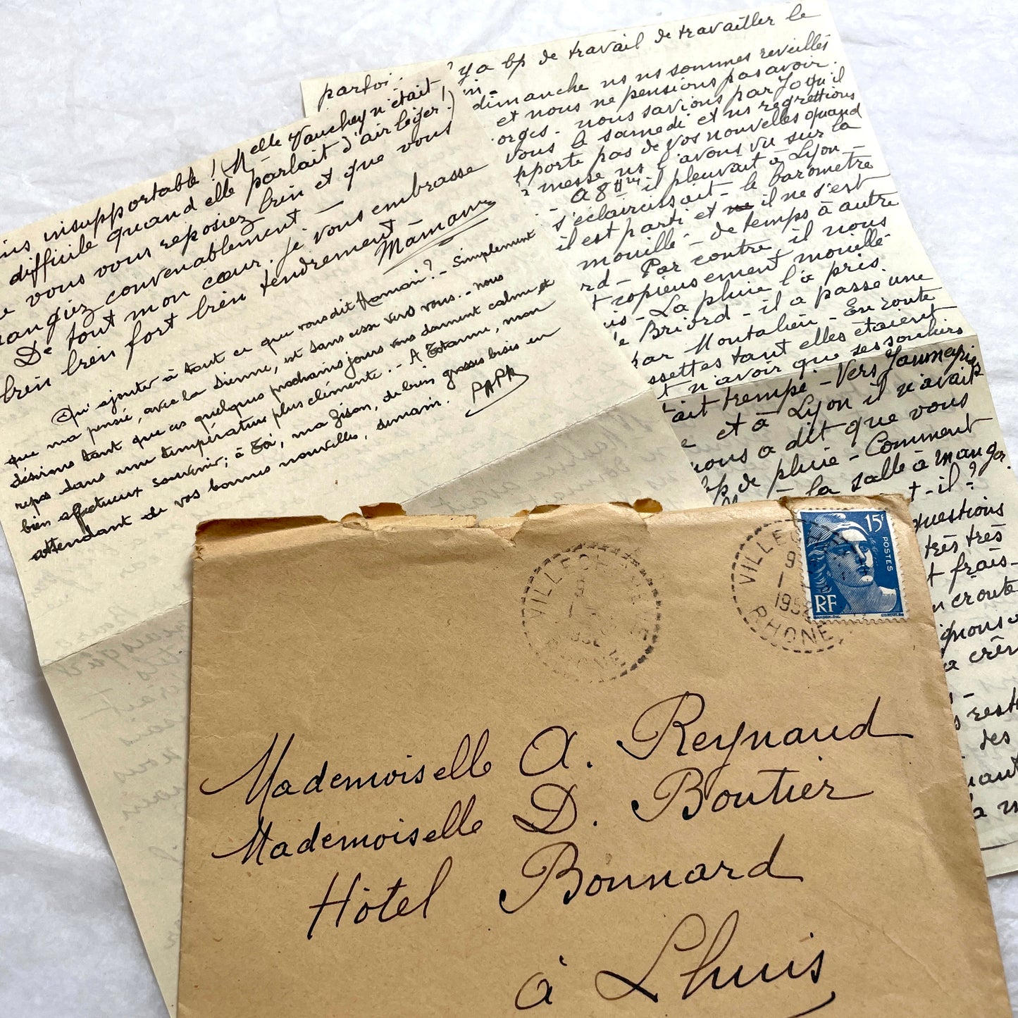 1950s vintage French letters and envelopes set, featuring beautiful handwritten script, postage stamps, and postmarks.