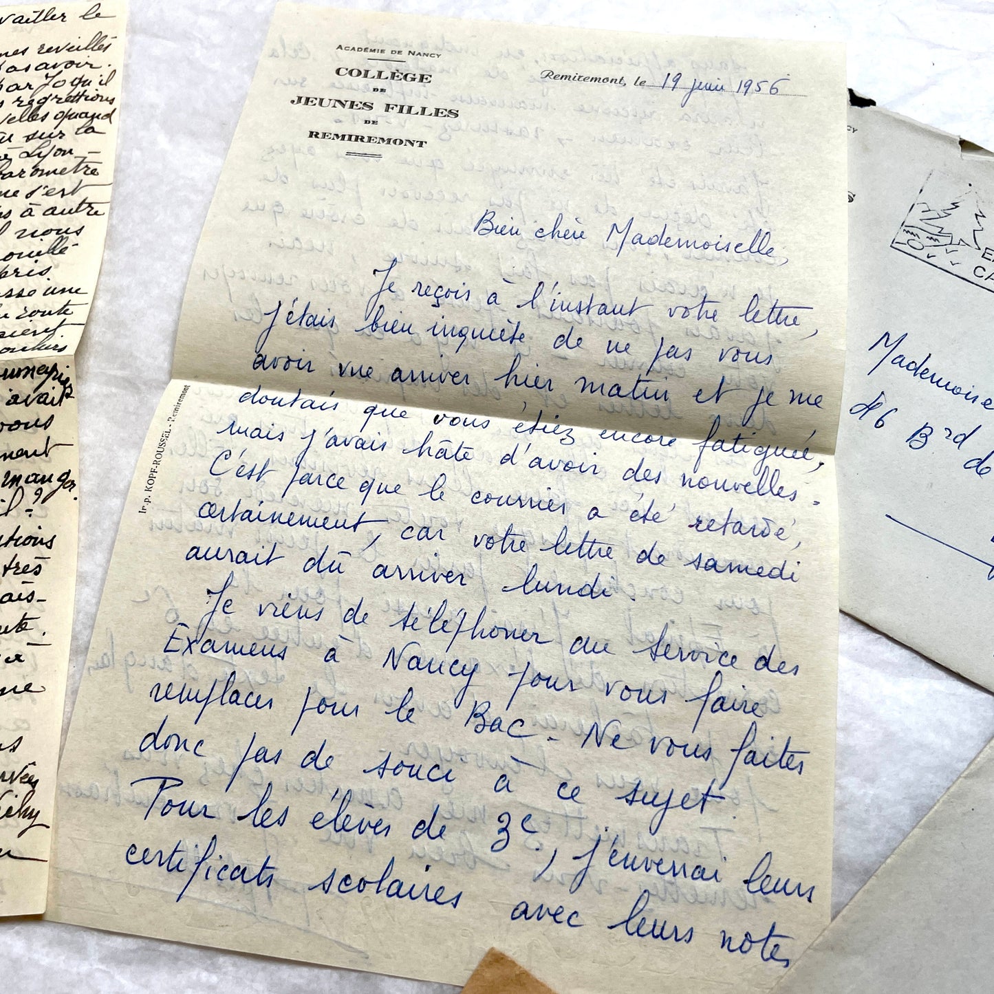 1950s vintage French letters and envelopes set, featuring beautiful handwritten script, postage stamps, and postmarks.