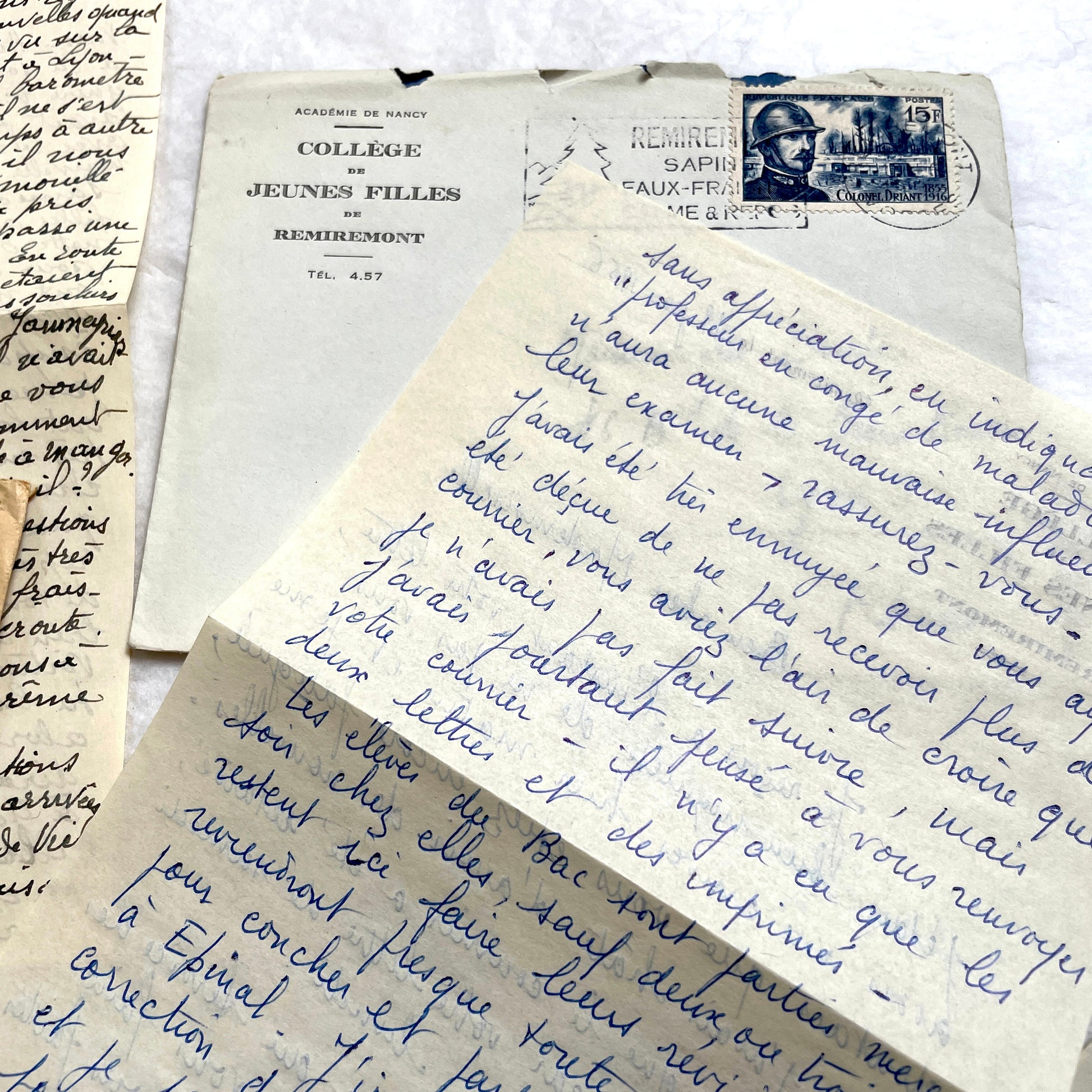 1950s vintage French letters and envelopes set, featuring beautiful handwritten script, postage stamps, and postmarks.