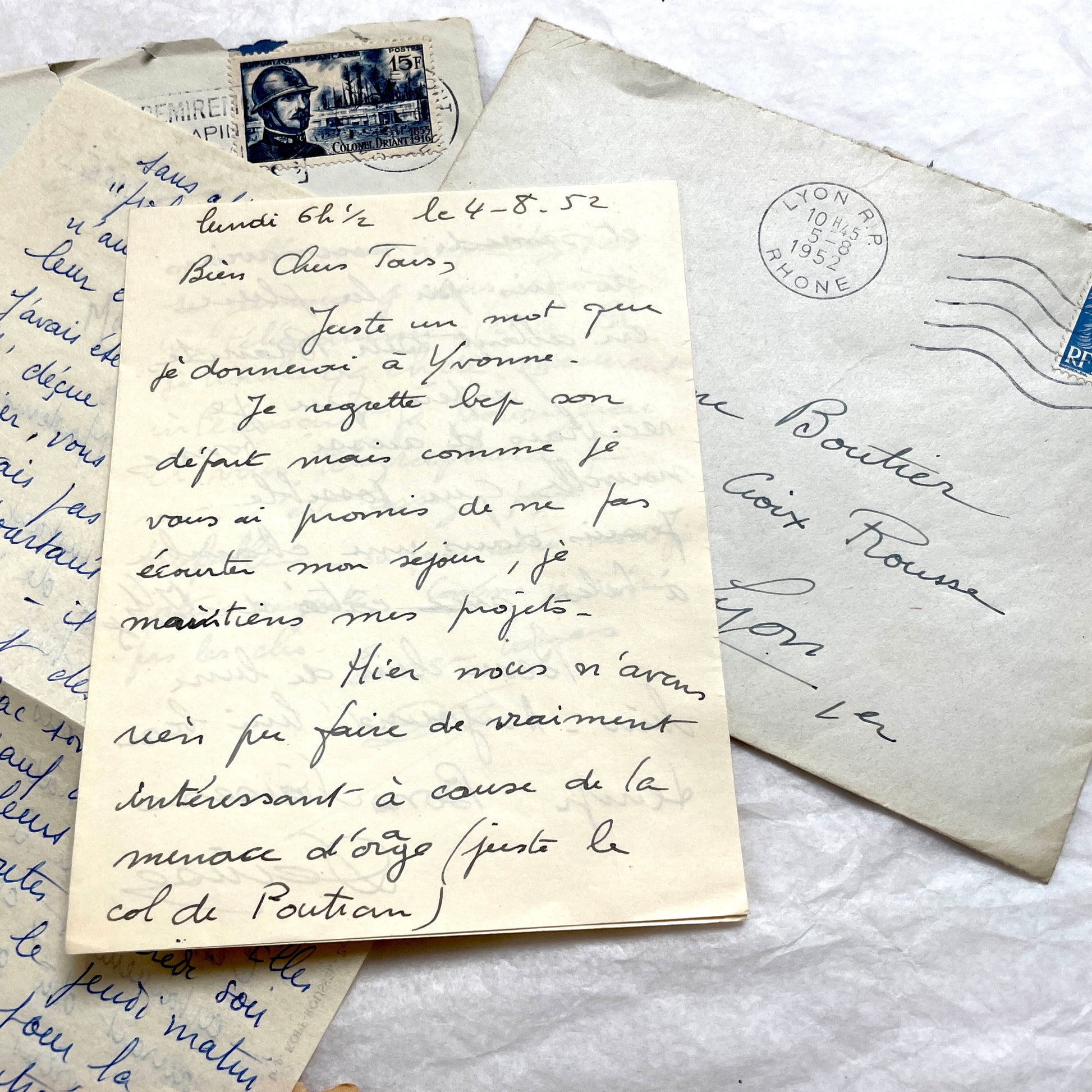 1950s vintage French letters and envelopes set, featuring beautiful handwritten script, postage stamps, and postmarks.