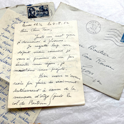1950s vintage French letters and envelopes set, featuring beautiful handwritten script, postage stamps, and postmarks.