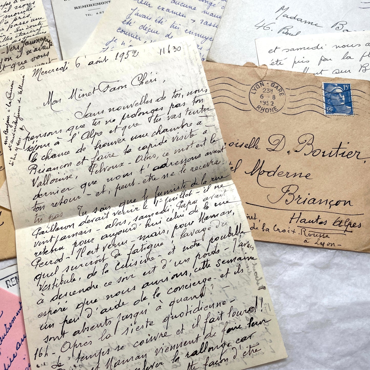 1950s vintage French letters and envelopes set, featuring beautiful handwritten script, postage stamps, and postmarks.