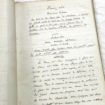 Mid 19th – 150-Pages French handwritten theater manuscript – Literary working draft of a play’s first act with author corrections