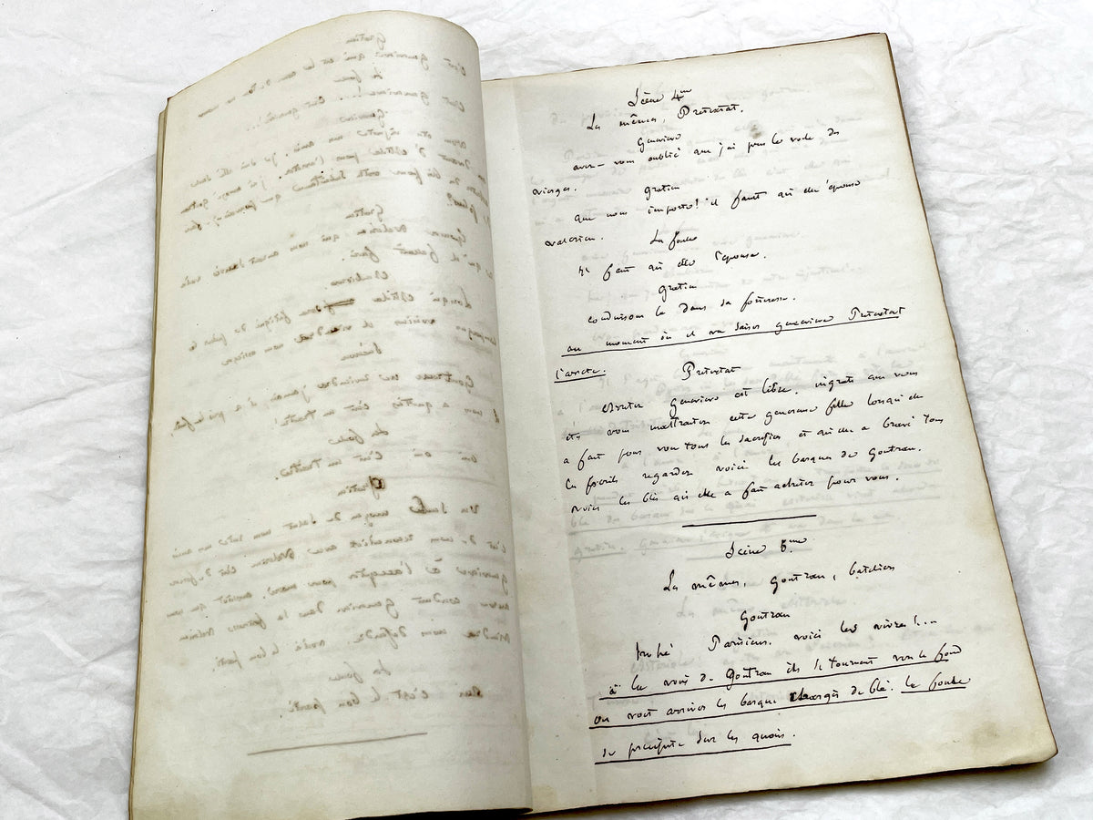 Mid 19th – 100-Pages French handwritten theater manuscript – Literary working draft of a play’s first act with author corrections