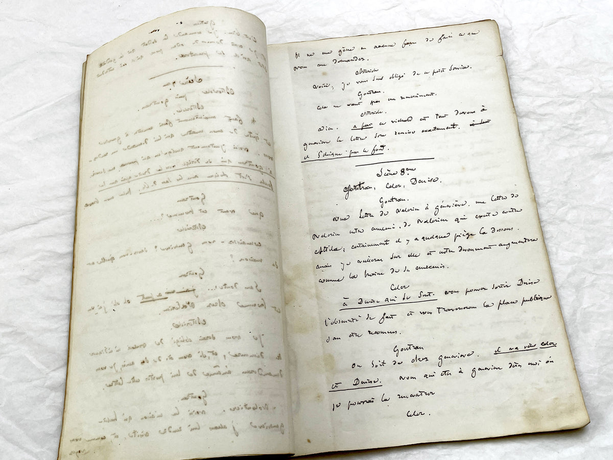 Mid 19th – 100-Pages French handwritten theater manuscript – Literary working draft of a play’s first act with author corrections