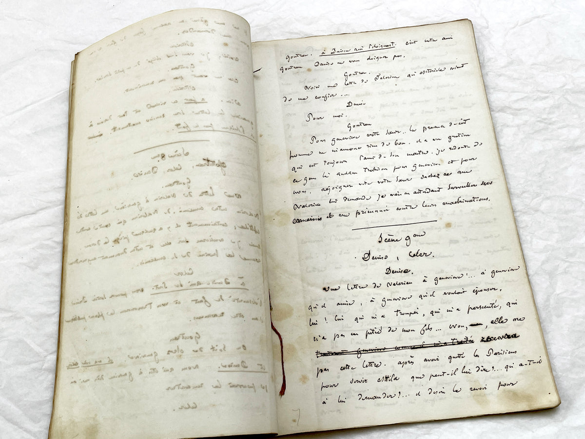 Mid 19th – 100-Pages French handwritten theater manuscript – Literary working draft of a play’s first act with author corrections