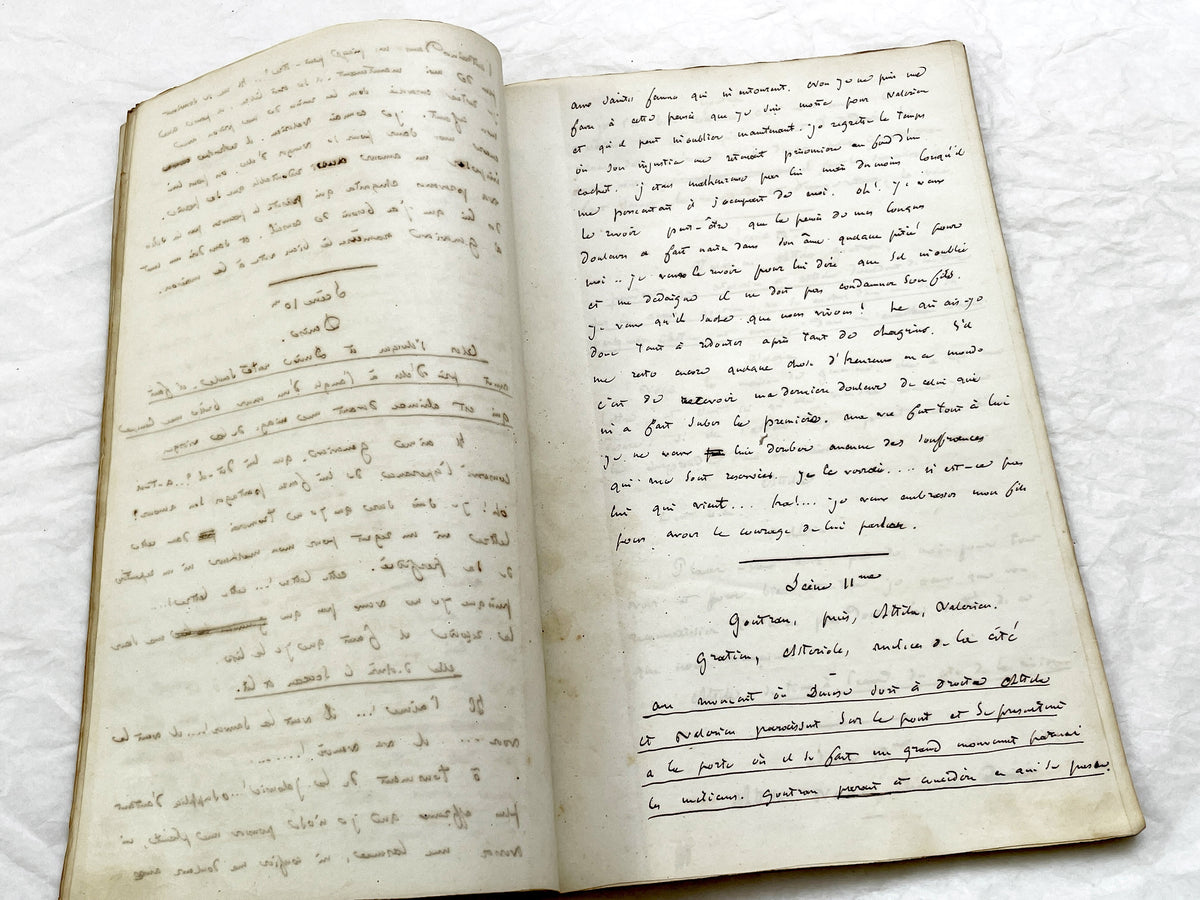 Mid 19th – 100-Pages French handwritten theater manuscript – Literary working draft of a play’s first act with author corrections