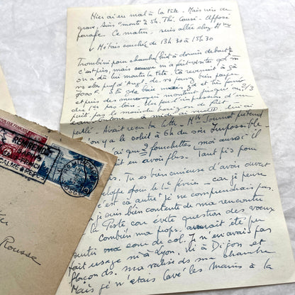 1950s French handwritten letters set with envelopes, vintage stamps, and postmarks. Historical correspondence.