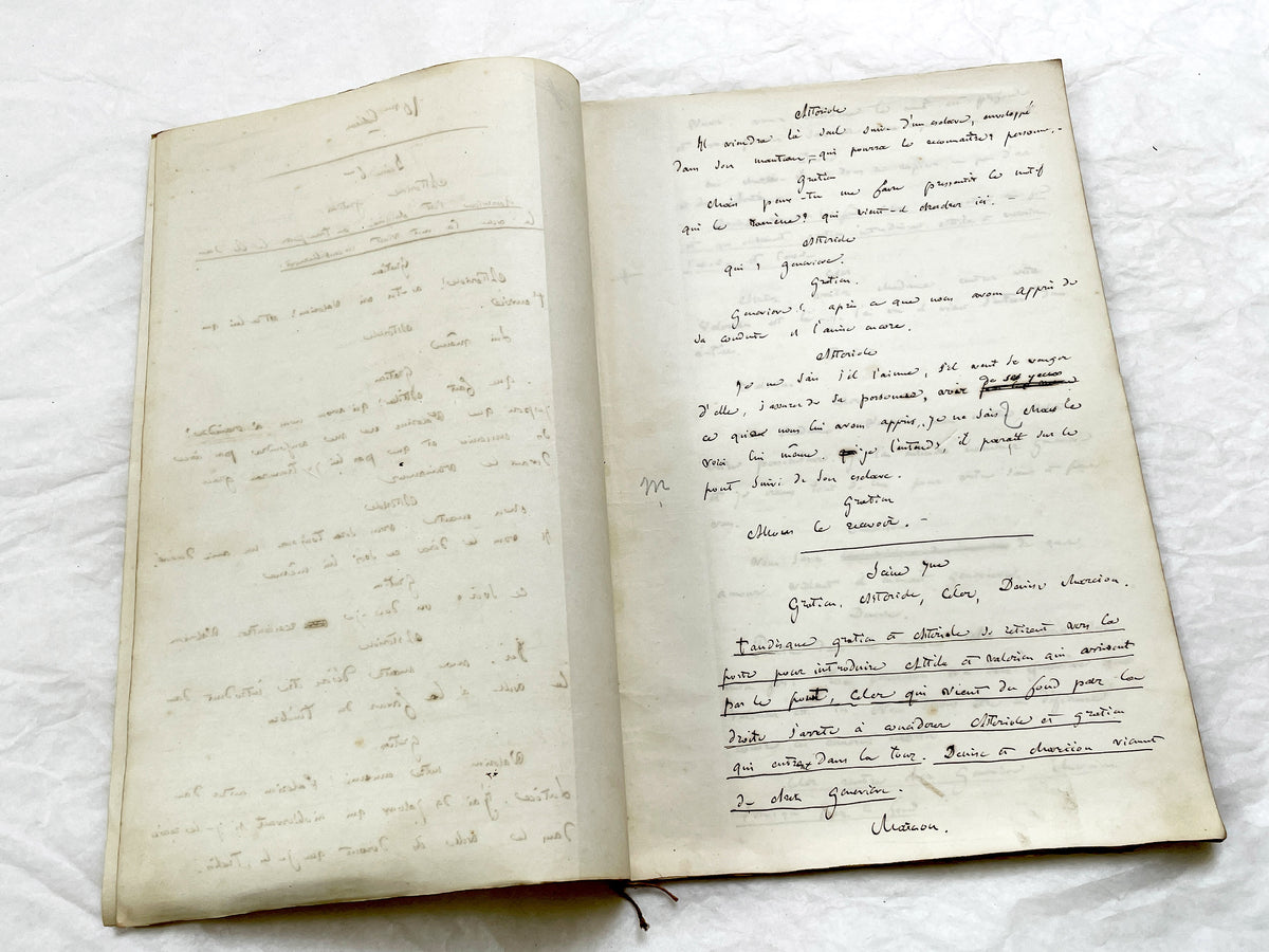 Mid 19th – 30-Pages French handwritten theater manuscript – Literary working draft of a play’s first act with author corrections