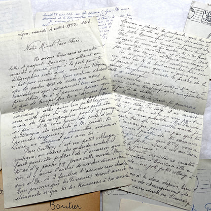 1950s French handwritten letters set with envelopes, vintage stamps, and postmarks. Historical correspondence.