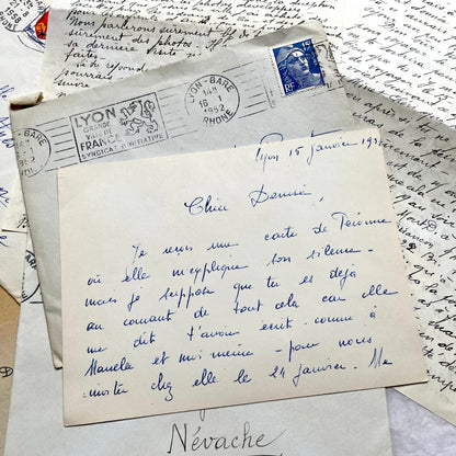 1950s French handwritten letters set with envelopes, vintage stamps, and postmarks. Historical correspondence.
