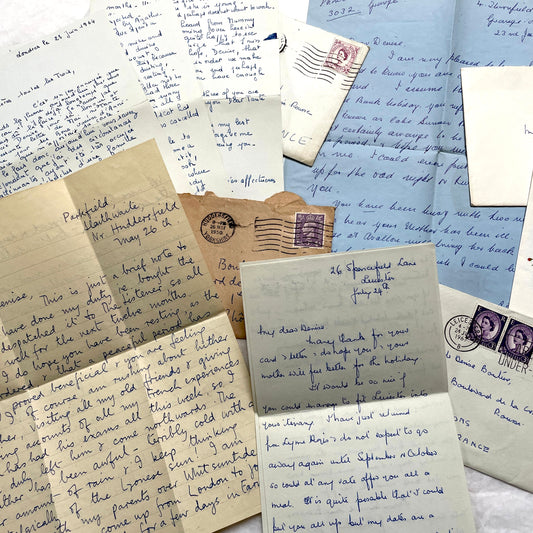 Set of 1960s handwritten letters and envelopes with vintage stamps and postmarks, displaying English and French text.