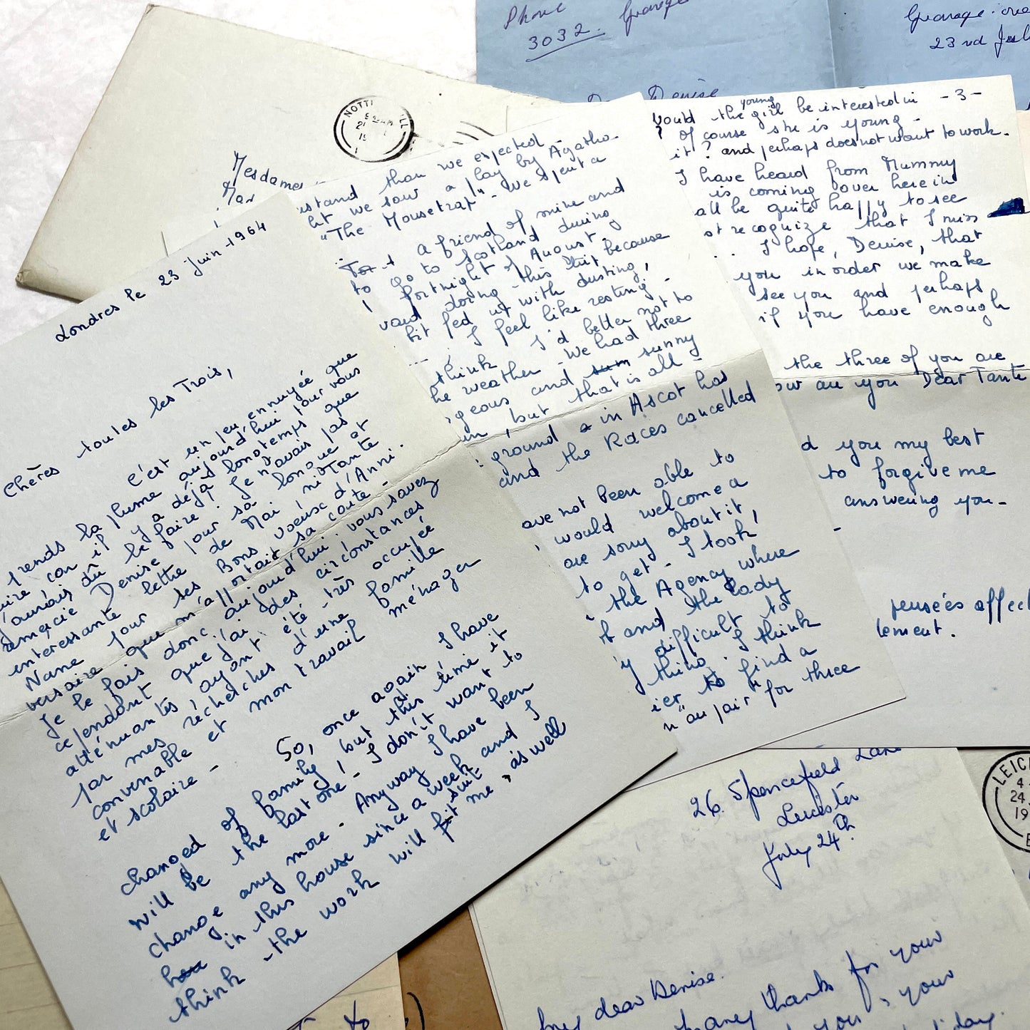 Set of 1960s handwritten letters and envelopes with vintage stamps and postmarks, displaying English and French text.