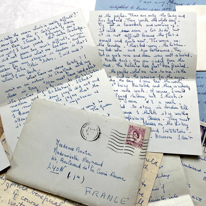 Set of 1960s handwritten letters and envelopes with vintage stamps and postmarks, displaying English and French text.