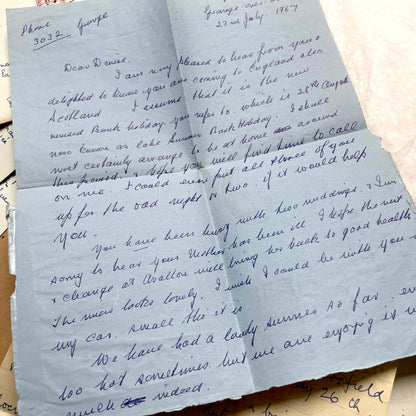 Set of 1960s handwritten letters and envelopes with vintage stamps and postmarks, displaying English and French text.