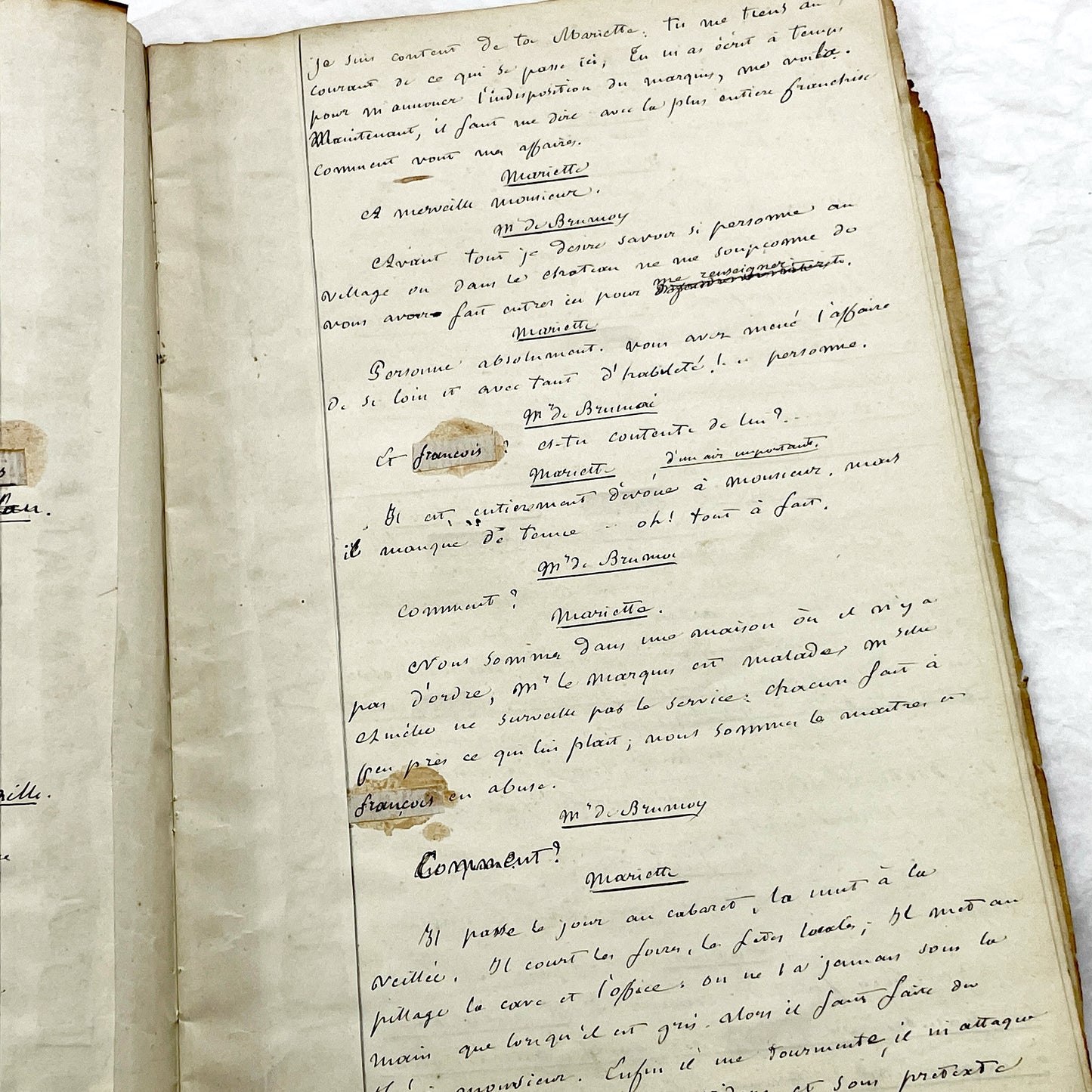 Mid 19th – 26-page literary draft with dialogues and author revisions - French handwritten theater manuscript – Antique Handwritten Draft