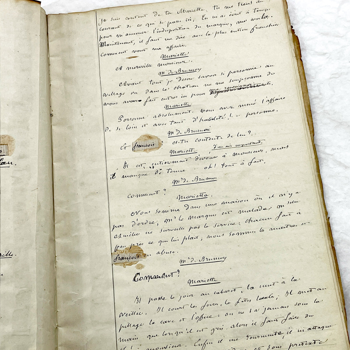 Mid 19th – 26-page literary draft with dialogues and author revisions - French handwritten theater manuscript – Antique Handwritten Draft