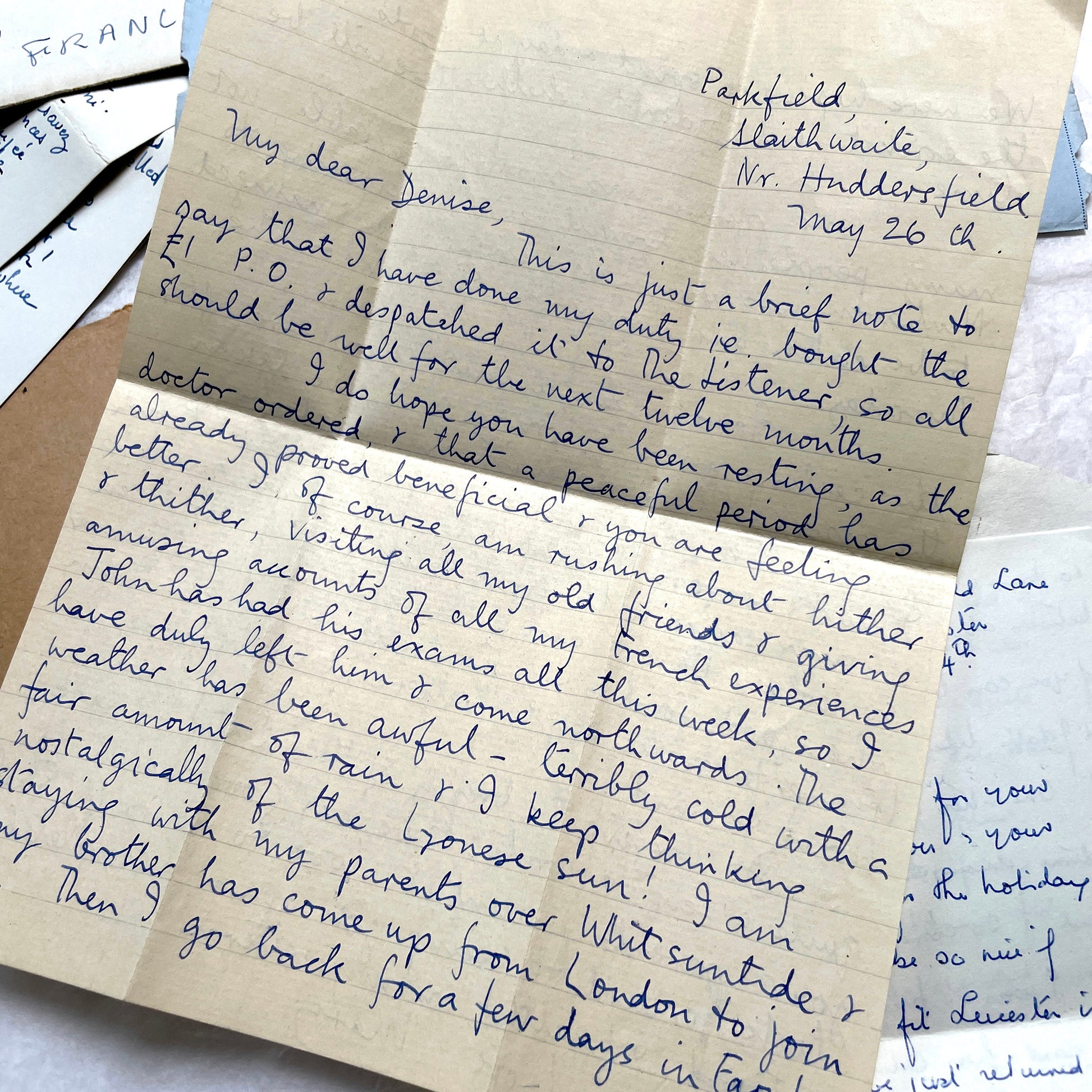 Set of 1960s handwritten letters and envelopes with vintage stamps and postmarks, displaying English and French text.