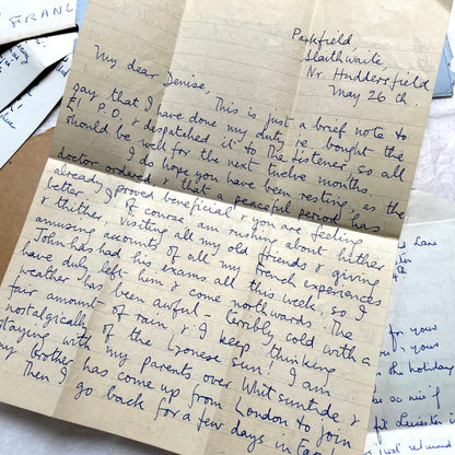 Set of 1960s handwritten letters and envelopes with vintage stamps and postmarks, displaying English and French text.