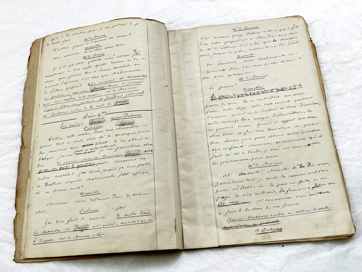 Mid 19th – 26-page literary draft with dialogues and author revisions - French handwritten theater manuscript – Antique Handwritten Draft