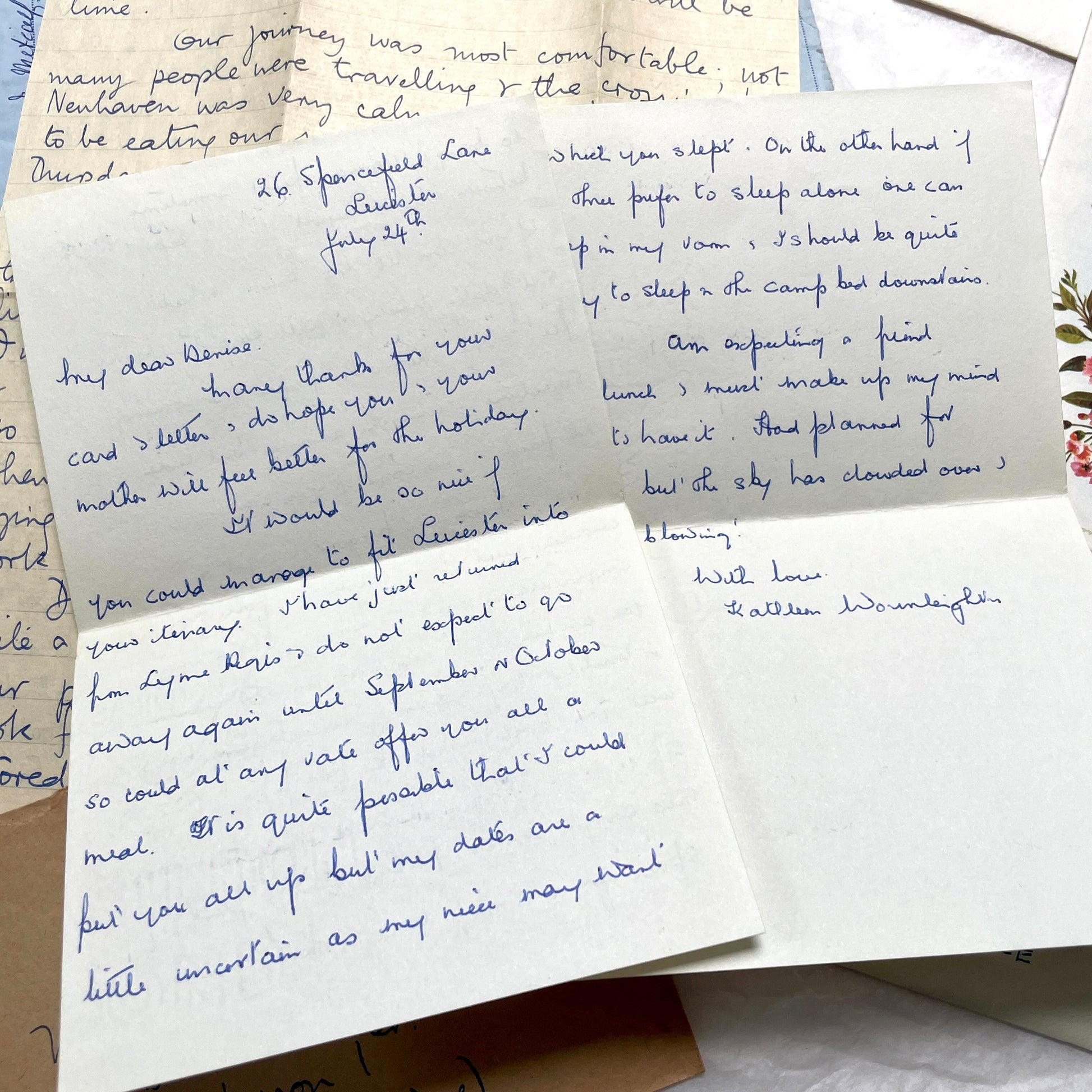 Set of 1960s handwritten letters and envelopes with vintage stamps and postmarks, displaying English and French text.