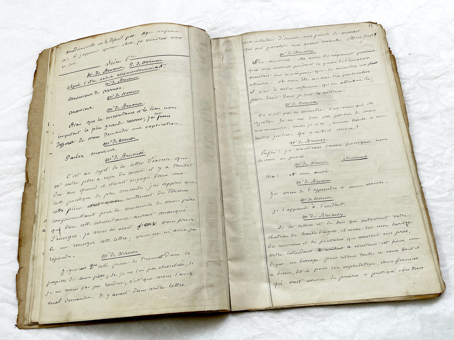 Mid 19th – 26-page literary draft with dialogues and author revisions - French handwritten theater manuscript – Antique Handwritten Draft