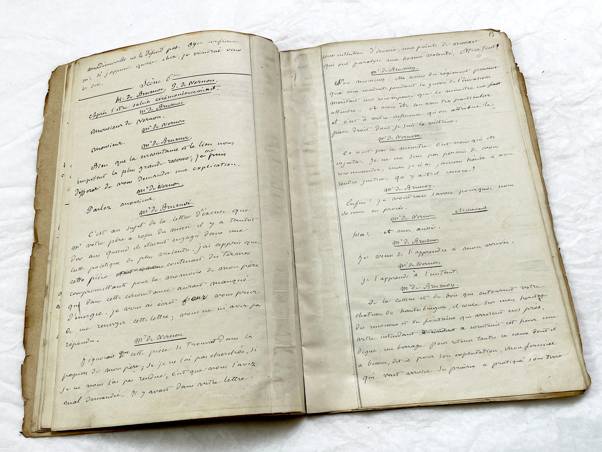 Mid 19th – 26-page literary draft with dialogues and author revisions - French handwritten theater manuscript – Antique Handwritten Draft
