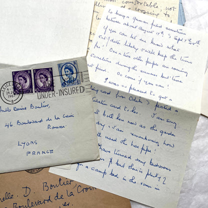 Set of 1960s handwritten letters and envelopes with vintage stamps and postmarks, displaying English and French text.