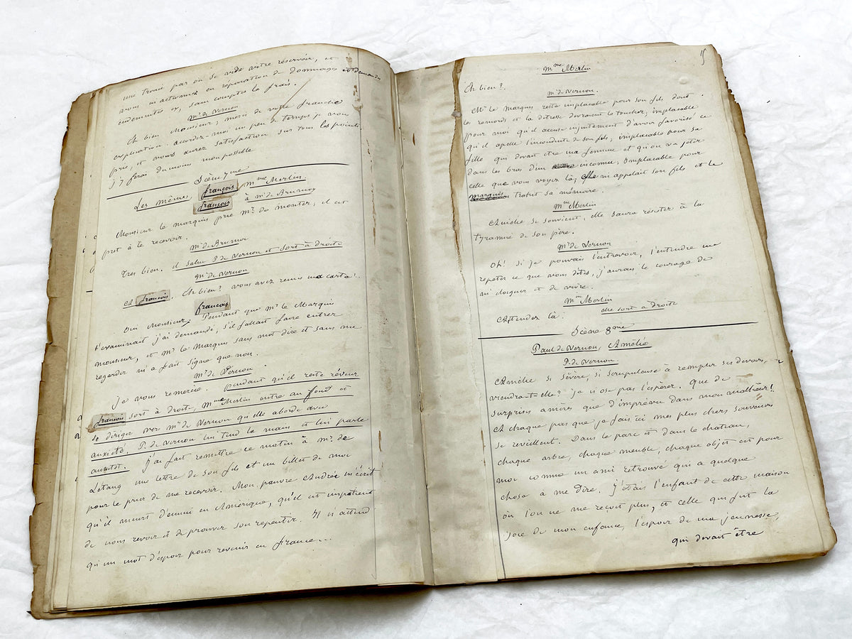 Mid 19th – 26-page literary draft with dialogues and author revisions - French handwritten theater manuscript – Antique Handwritten Draft