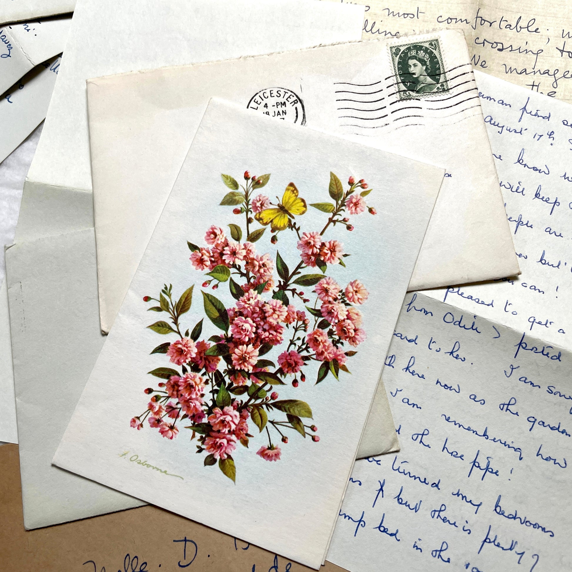 Set of 1960s handwritten letters and envelopes with vintage stamps and postmarks, displaying English and French text.