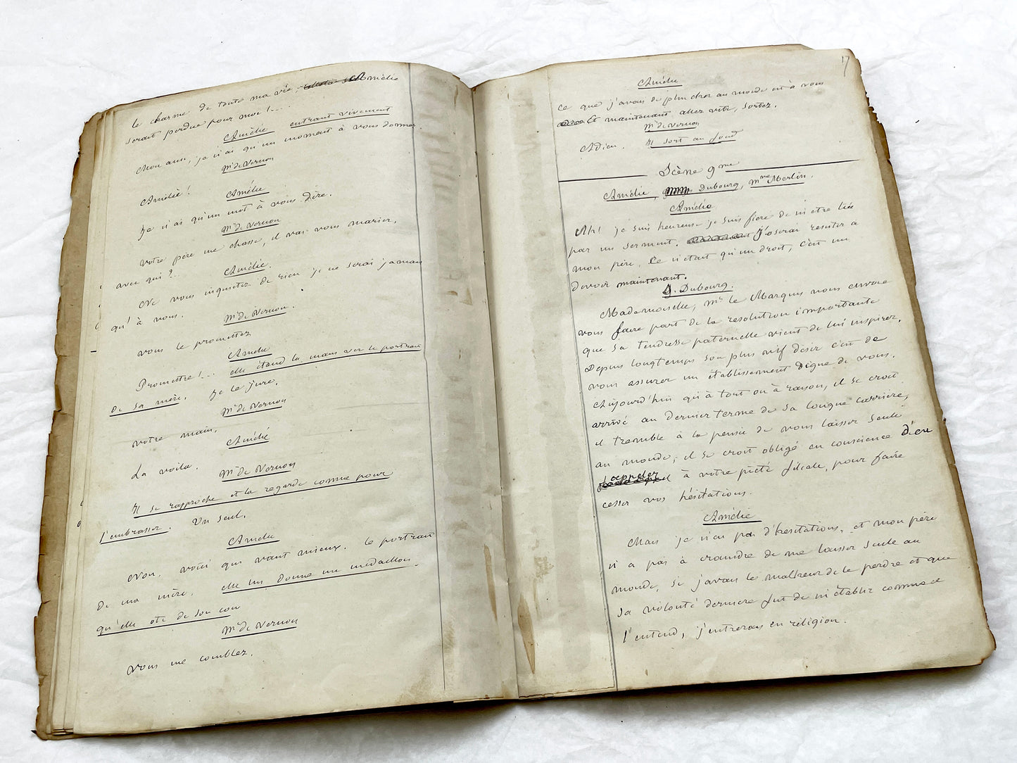 Mid 19th – 26-page literary draft with dialogues and author revisions - French handwritten theater manuscript – Antique Handwritten Draft
