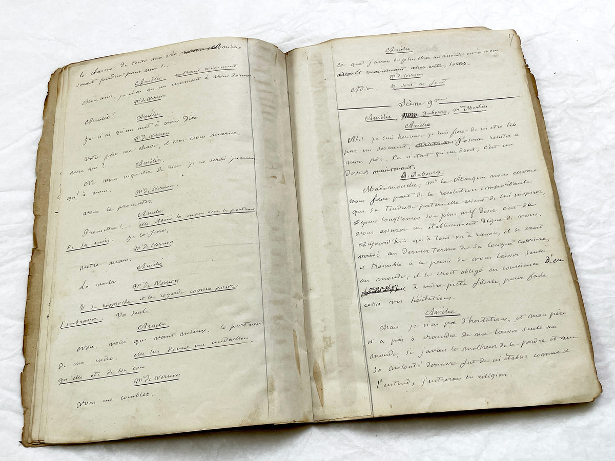Mid 19th – 26-page literary draft with dialogues and author revisions - French handwritten theater manuscript – Antique Handwritten Draft