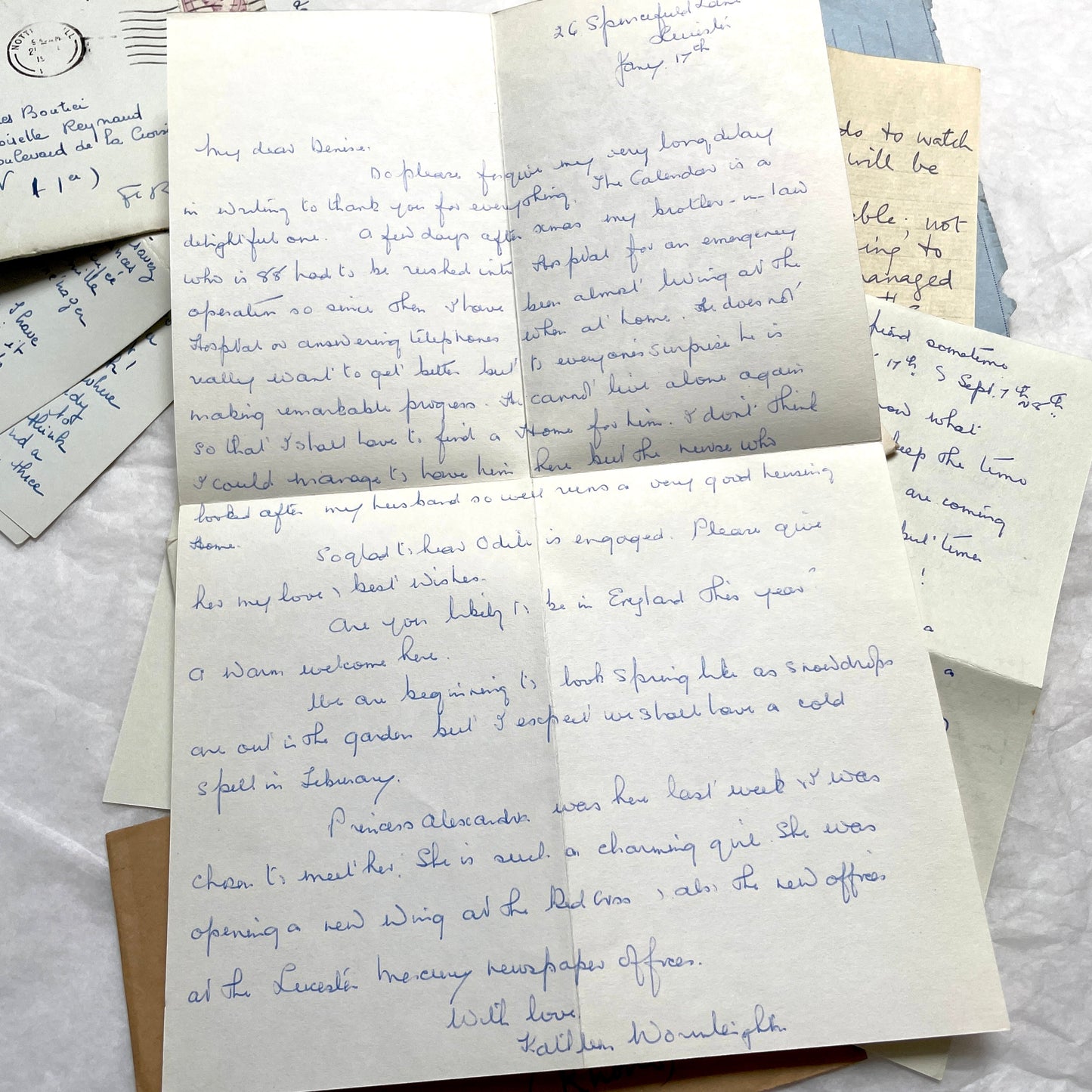 Set of 1960s handwritten letters and envelopes with vintage stamps and postmarks, displaying English and French text.